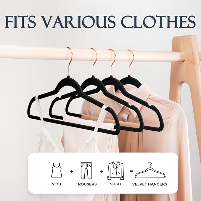 HOUSE DAY Velvet Hangers 30 Pack, Premium Non-Slip Felt Hangers, Sturdy Black Clothes Hanger Heavy Duty, Space Saving Durable Suit Coat Hanger, 360° Rotating Rose Gold Hook