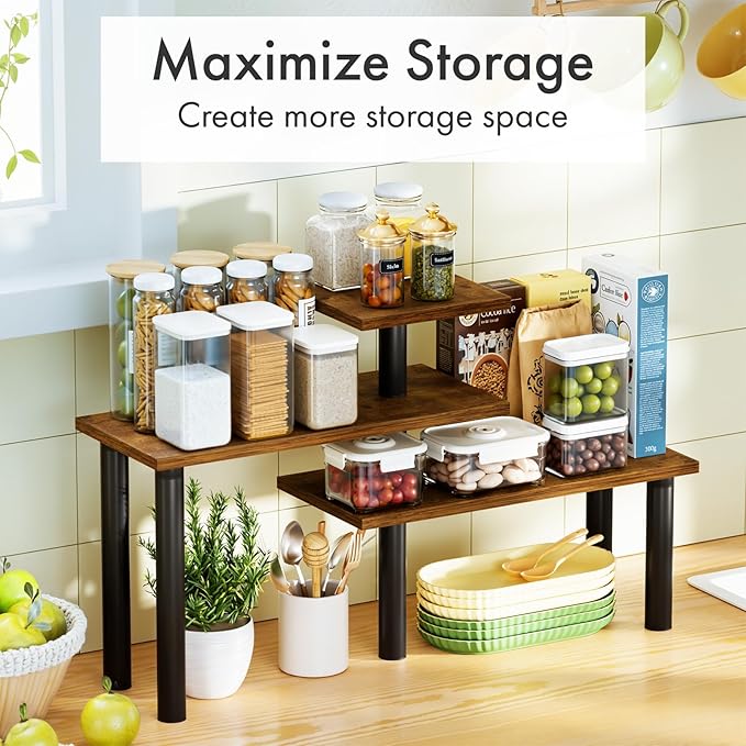 3-Tier Corner Countertop Organizer – Kitchen Counter & Bathroom Vanity Organizer, Coffee Bar Corner Shelf, Spice Rack Stand, L-Shaped Space-Saving Storage, Rustic Brown and Black, Wood