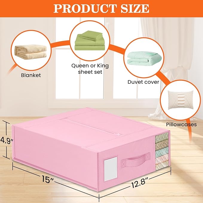 WOWBOX Sheet Organizers and Storage,Closet Bed Sheet Organizer Under Bed Storage and Organization with Label Cards & Clear Window for Bedding Sheets,Duvet Covers,Blankets (3 Pack，Pink)