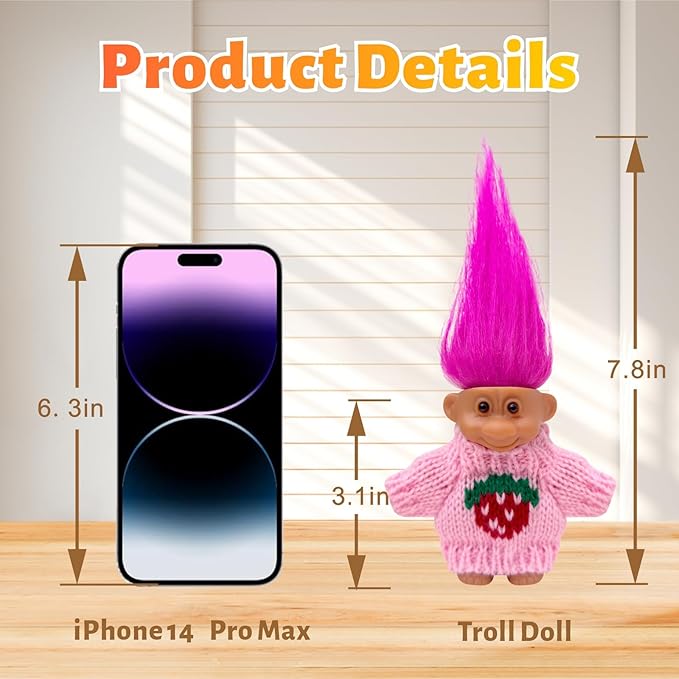 Retro Vintage Lucky Troll Dolls Assorted Hair Colors Chromatic Adorable for Collections, School Project, Arts and Crafts, Party Favors (Pink)