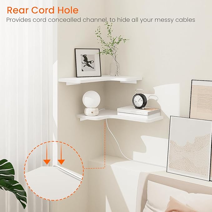 Homode Corner Floating Shelves, Set of 3 Corner Wall Shelves with Wire Hole, L-Shaped Wood Hanging Storage Shelf for Wall Decor, for Bathroom Kitchen Bedroom, White