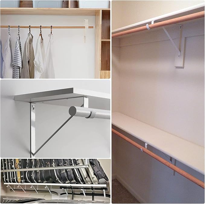 4PCS Heavy Duty White Closet Rod Brackets 11 x 11 Inch,1-3/8Inch Diameter Shelf and Rod Bracket Holder for Home and Closet Decor, Wall Mount Closet Pole Supports Bracket Hook with Screws