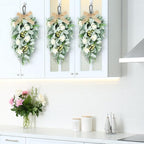 2 Pcs 24" Artificial White Rose Teardrop Wreaths Swag Spring Summer Flower Berries Swags Wreath White Floral Hanging Wreaths for Kitchen Cabinet Doors Window Wall Wedding Party Home Decor