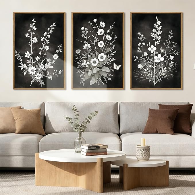 BINCUE Framed Black and White Floral Wall Art Set of 3 Botanical Wall Decor Flowers Paintings Botanical Art Prints White Floral Wall Pictures Black Artwork for Living Room Bedroom Office Farmhouse 16x24 Inches