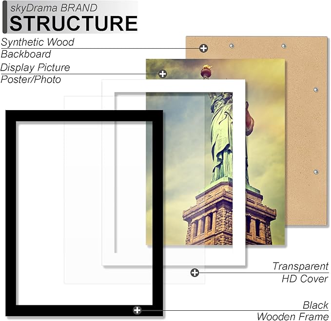 100% Solid Wood 11x17 Picture Frame Set of 2, Black Frame Display Photo 8 x 12 with Mat or 11 x 17 without Mat, 11by17 HQ Matte Black Frame for Wall - 2 Pack/Black/11 x17