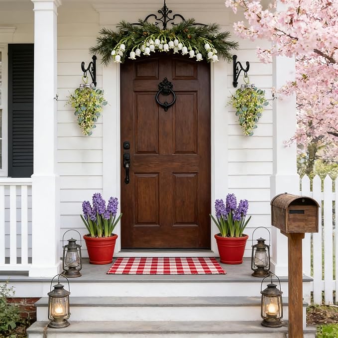 2 Pcs Eucalyptus Leave Swags, Greenery Teardrop Swag with Berries and Bow, 20 Inch Spring Summer Floral Swags for Front Door, Wall, Mantel and Window