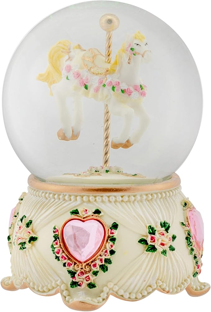 Elanze Designs Rose Garland Horse and Carousel 100MM Sturdy Wind Up Musical Glitter Water Snow Globe Tabletop Dresser Nightstand Figurine Decoration Plays Tune Carousel Waltz
