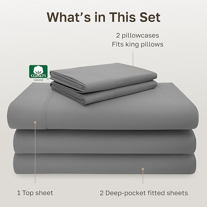 California Design Den Split King Sheet Set - 100% Cotton, 600 Thread Count, Breathable Luxury King Size Sheets for Adjustable Bed, Luxury Hotel-Quality Sheets with Soft Sateen Weave - Mist Grey