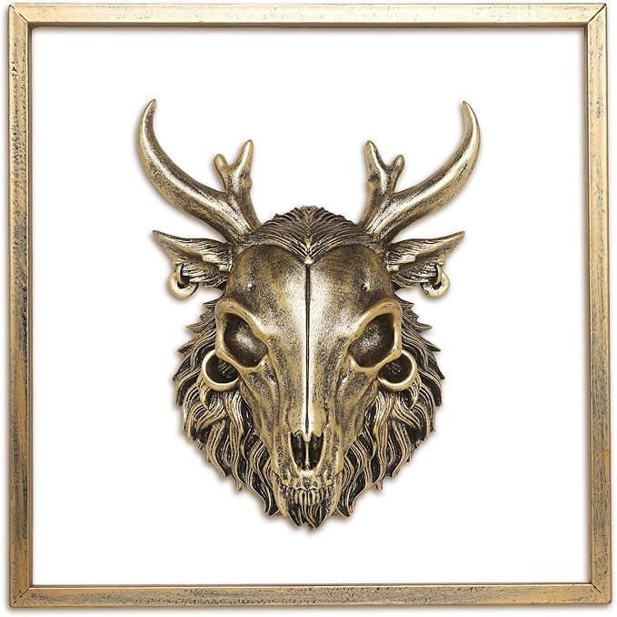 JJALIGHTS Exquisite Resin Animal Head Wall Sculpture (Gift Metal Frame) - Imitation Copper Vintage Decor for Living Room, Bedroom & Office | Decorative Wall Hanging Art (Wendigo)
