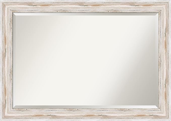 Amanti Art White Wall Mirror 29x41 Alexandria White Wash Rectangle Bathroom Mirror for Wall Decor Living Room, Large Cottage Wood Frame, Hangs Horizonally and Vertically, Bathroom Decor, Beveled Edge
