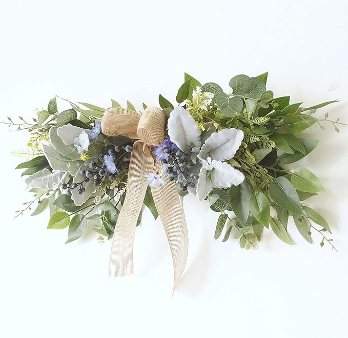 Floral Swag, Artificial Front Door Wreath Eucalyptus Leaves Garland, Artificial Mixed Eucalyptus Leaves Swag, Greenery Swag with Daisy Flower for Home Wall Wedding Party Decoration(#1)