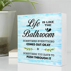 Blue Wood Life is Like The Bathroom Wooden Box Sign Desk Decor,Funny Bathroom Wood Block Sign for Farmhouse Toilet Shelf Decor