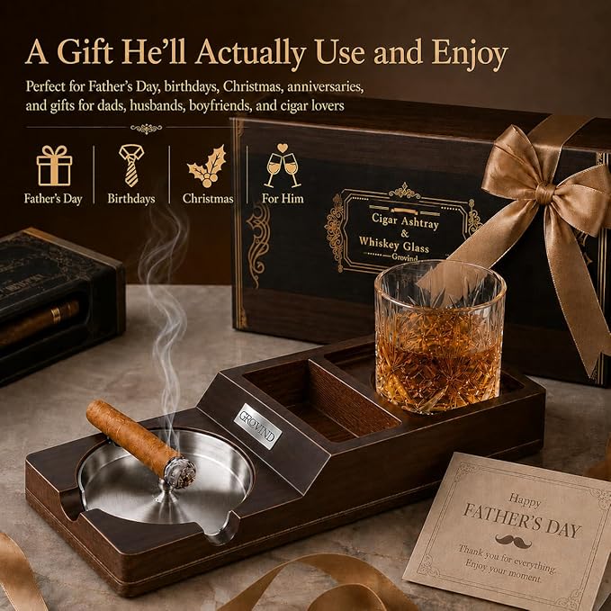 Cigar Ashtray,Wooden Ashtrays with Whiskey Glass Tray -Cigarette Holder,Cigar Accessories Set,cigar Gifts for Men Father's Day,Outdoor Ashtrays for Patio,Ash Trays Indoor Home Decor