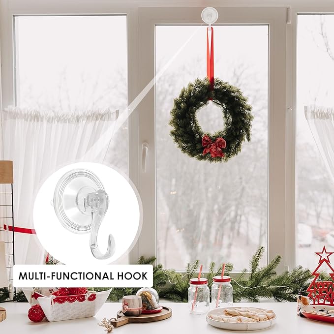 12Pcs Clear Wreath Hanger, 22LB Clear Suction Cup Hooks for Windows, Waterproof,2.75 Inch Reusable &Removable Suction Cup Hanger for Shower,Tile,Mirror,Glass Door,Bathroom,Towel,Kitchen,RV,Travel
