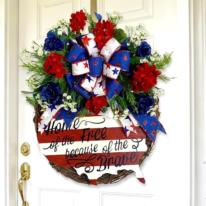 Patriotic Wreaths for Front Door, 250 Anniversary Decorations 4th of July Decorations Outdoor, Handcrafted Memorial Day Wreaths, Festival Celebration USA Flag Printed Wreath (H)