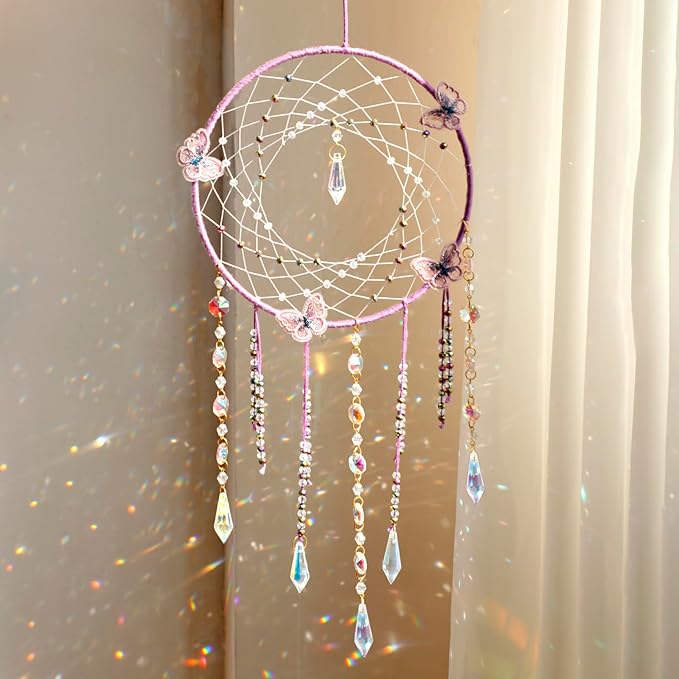 Artilady Butterfly Dream Catchers with Crystals - Large Boho Purple Moon Dream Catcher Wall Decor Home Decorations Girls Kids Baby Bedroom Room Decor Christmas Birthday Teen Girl Boys Gifts