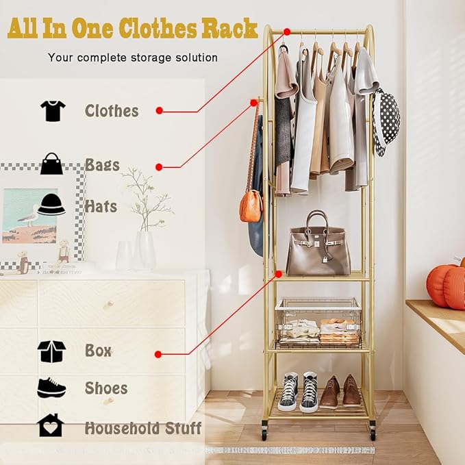 SUOERNUO Clothes Rack With Wheels and 3-Tier Metal Shelves,Clothing Rack For Hanging Clothes With 4 Hooks,Garment Rack Wardrobe Organizer for Small Space,Black (gold, 16.54 * 18.23 * 72.05)