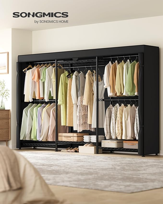 SONGMICS Heavy-Duty Rolling Clothes Rack, Garment Rack, Portable Closet on Wheels, with Adjustable Mesh Shelves and Hanging Rails, Fabric Cover, 15.8 x 86.4 x 76 Inches, Ink Black ULGR437BH01