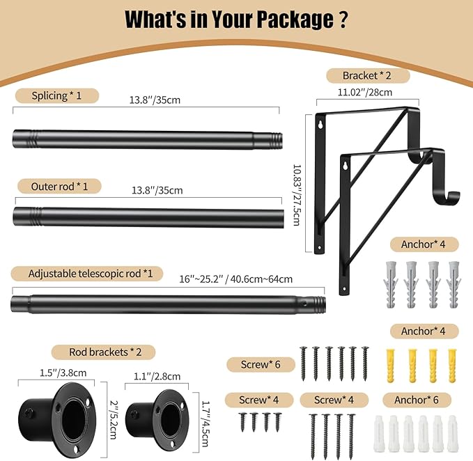Closet Rod, 16 to 51 Inch Closet Rods Heavy Duty Adjustable Wardrobe Poles for Hanging Clothes and Heavy Duty Bracket Closet Pole Support (The Shelf NOT Included)(Black)