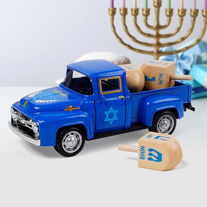 Hanukkah Home Decor, Mini Metal Hanukkah Truck with Wood Dreidel Decor - Festive Jewish Holiday Decor for Tabletop, Hanukkah Gift for Jewish