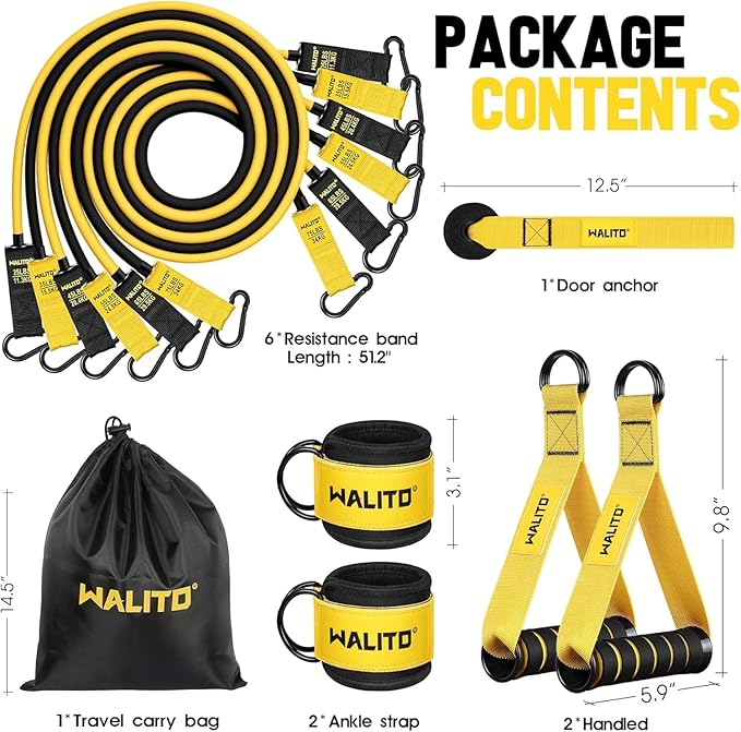 WALITO Resistance Bands Set - Exercise Bands with Handles, Door Anchor, Legs Ankle Straps, for Heavy Resistance Training, Physical Therapy, Muscle Training, Yoga, Home Workouts, Gym