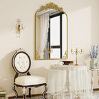 VooBang 24x36 inch Vintage Arched Bathroom Mirror - Gorgeous Wall Vanity Mirror with Beautiful Retro Top and Bottom Engraving Process Frame for Entryway Hallway Living Room, Gold