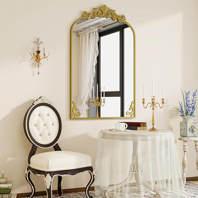 VooBang 24x36 inch Vintage Arched Bathroom Mirror - Gorgeous Wall Vanity Mirror with Beautiful Retro Top and Bottom Engraving Process Frame for Entryway Hallway Living Room, Gold