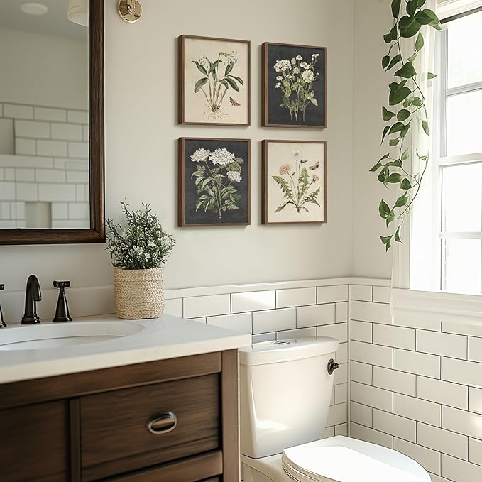 Framed Botanical Wall Art, 4 Piece Vintage Farmhouse Floral Canvas Painting Prints Artwork for Bathroom Walls, Rustic Flower Butterfly Pictures for Kitchen Bedroom Hallway Home Decor, 8x10 Inch