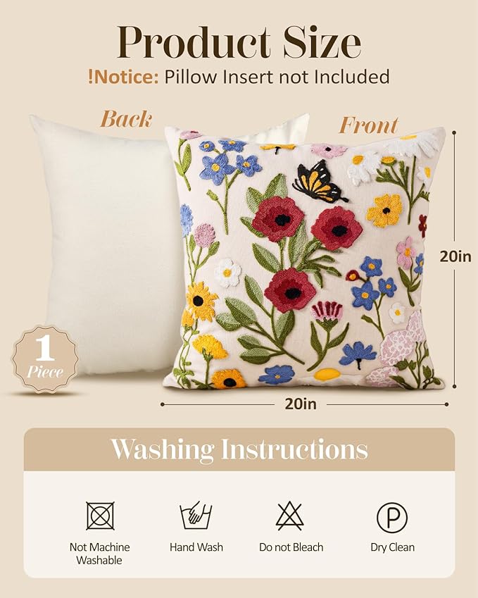 Embroidered Throw Pillow Cover 20x20 Inch - Spring Summer Boho Decorative Pillow Cover with Zipper for Living Room Couch Sofa Bed Aesthetic Design Retro Flower Cushion Pillowcase