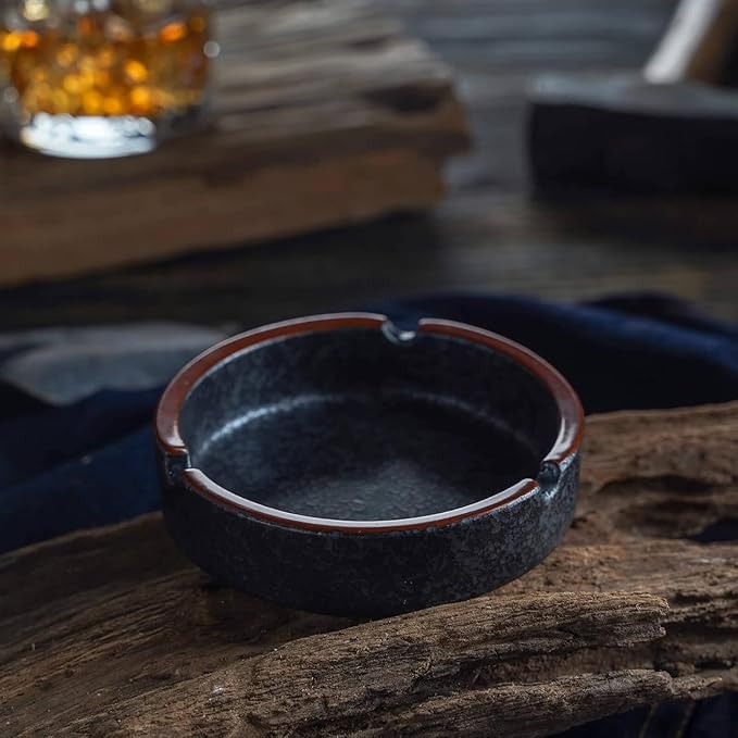Ceramic Ashtray Stylish Indoor & Outdoor Cigarette Ashtray for Home, Coffee Bars, and Patios，Lava Dazzling Black (Medium Size)(2PCS)