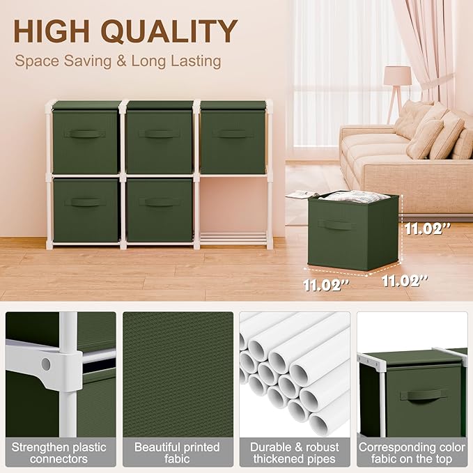 6 Cube Storage Organizer with Shelf Back to School Boxes 11 Inch Toy Storage Bins Closet Organizers Drawers Fabric Dresser for Playroom Books Bedroom Dorm Kitchen (Dark Green)
