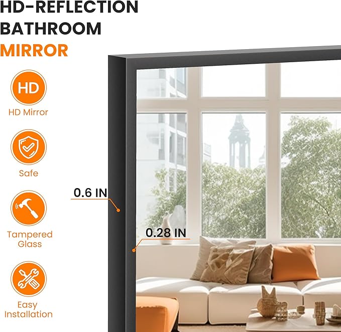 TRAHOME Bathroom Vanity Mirror for Wall, 60" x 36" Metal Framed Rectangular Bathroom Wall Mirror for Over Sink, HD Shatterproof Glass, Hangs Horizontally or Vertically(Black)