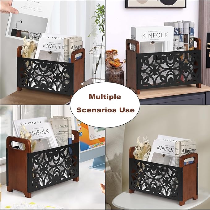 Magazine Holder,Wood Magazine Rack Floor,Rustic Magazine File Holder Organizer,Decorative Magazines Storage Basket for Books,Newspapers,Mails,Files