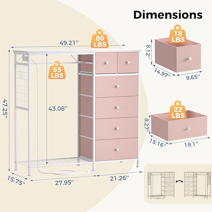 OLIXIS 6 Storage for Bedroom with Hanging Rack with LED Lights & Charging Station, Fabric Chest of Storage with Rack, Wooden Top, for Home Living Room Entryway Pink