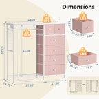 OLIXIS 6 Storage for Bedroom with Hanging Rack with LED Lights & Charging Station, Fabric Chest of Storage with Rack, Wooden Top, for Home Living Room Entryway Pink