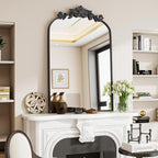 VooBang Vintage Arched Bathroom Mirror, 24x36 Inch Retro Wall Mounted Vanity Mirror with Carved Pattern Top and Metal Frame, Black Decorative Mirror for Hanging or Leaning