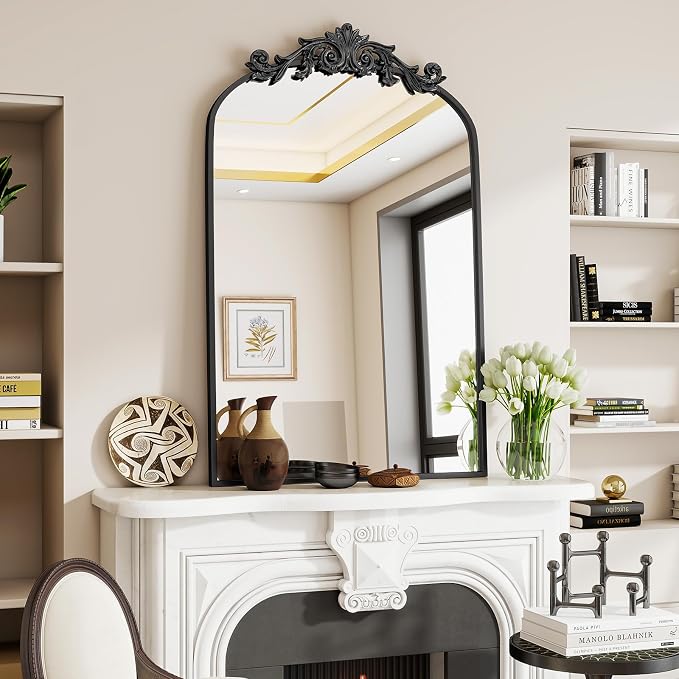 VooBang Vintage Arched Bathroom Mirror, 24x36 Inch Retro Wall Mounted Vanity Mirror with Carved Pattern Top and Metal Frame, Black Decorative Mirror for Hanging or Leaning