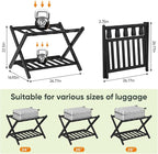 2 Packs Fully Assembled Black Bamboo Luggage Racks with Shoe Shelf, 5 Straps Folding Suitcase Stand, Heavy Duty Luggage Holders for Guest Room, Bedroom, Hotel
