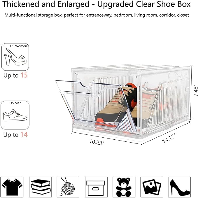 AWTATOS Shoe Boxes with Magnetic Door, Stackable Shoe Storage Organizer with Lids, Folding Shoe Rack for High Heels, Thickened Sneaker Storage Container, 10 Pack, Clear