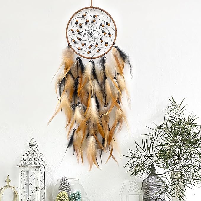 Large Feather Dream Catcher Handmade Native American Dream Catchers Bohe Wall Hanging Decoration Ornament for Kids Bedroom Car Decor Home Decoration Birthday Party Brown