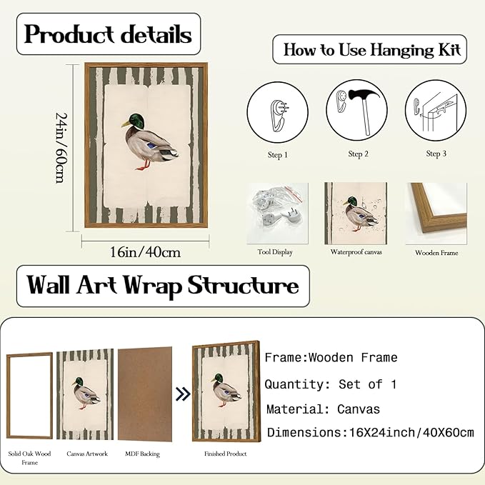 Framed Vintage Mallard Duck Wall Art, Country Farmhouse Duck Pictures Wall Decor, Rustic Wildlife Animal Paintings Canvas Prints Cottagecore Home Decor for Living Room Bedroom nursery 16x24 inch