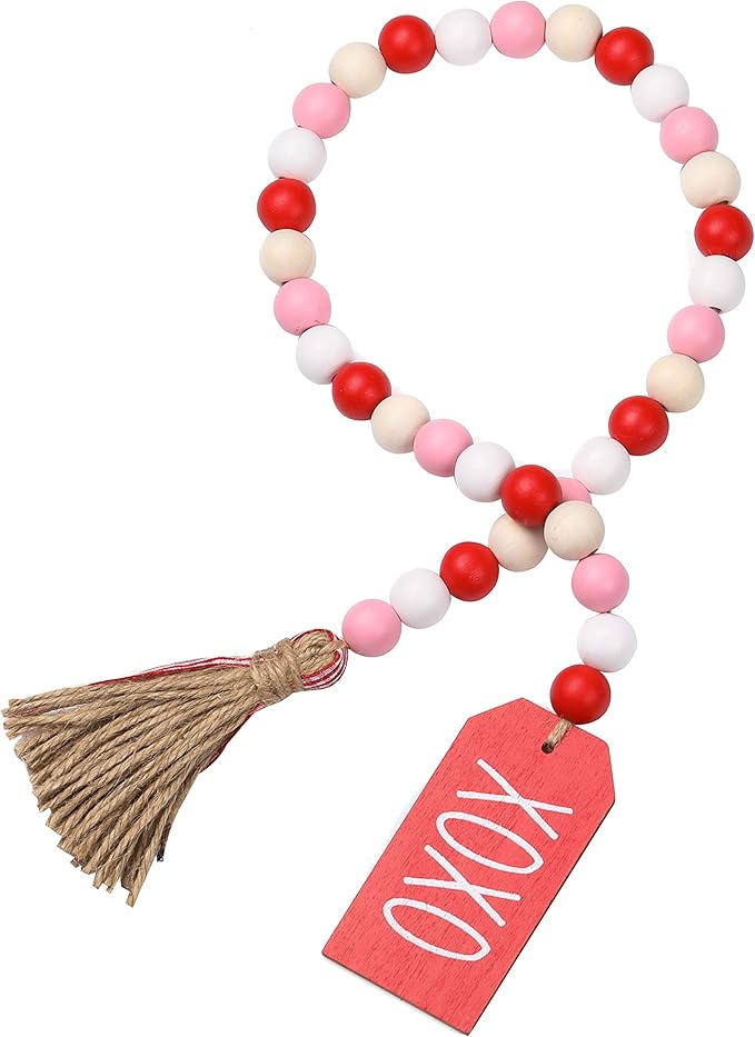 Valentine’s Day Wood Bead Garland with Tassels and XOXO Wooden Embellishments Rustic Farmhouse Tiered Tray Wedding Decorations Home Decor (Red & White XOXO)