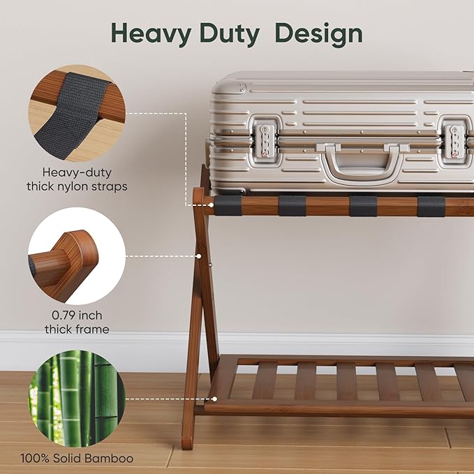 Bamboo Luggage Rack Fully Assembled, Folding Suitcase Stand with Shoe Shelf, Heavy-Duty Luggage Holder for Guest Room Must Haves, Bedroom, Hotel, Walnut