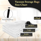 Vacuum Storage Bags 6 Pack with Hand Pump – Space Saver Compression Bags for Clothes, Bedding, Travel & Home Storage