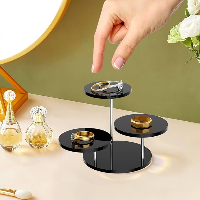 Round Acrylic Display Riser Stands, 3 Tier Jewelry Display Stands for Rings Earrings Mini Figurines 1 Pack(Black)