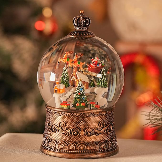 Snow Globe Christmas with Elk, Lighted Christmas Snow Globes with Timer, Swirling Musical Glittering Snowglobe Lantern for Decorations(SnowTrain Elk)