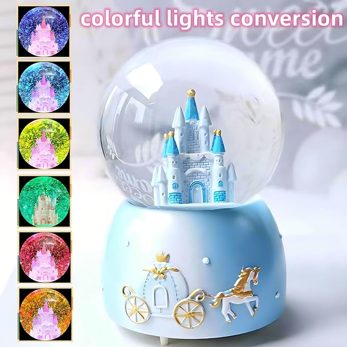 Snow Globes,Blue Castle Music Snowglobes with LED Lights,Automatic Snow Fall Effect,Home Decor for Kids Room Essentials Birthday Christmas Festival Gift for 5-16 Year Old Girls (Blue)