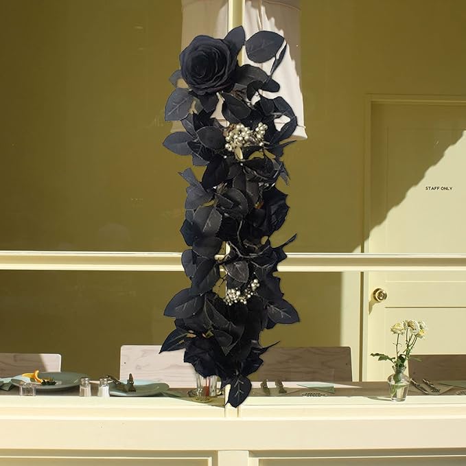 Artificial Rose Flower Swag,Artificial Sunflower Swag, 24 Inch Decorative Swag with Pumpkins Berries and Black Leaves for Halloween Home Front Door Lintel Wedding Arch Party Tabletop Wall Decor(#2)