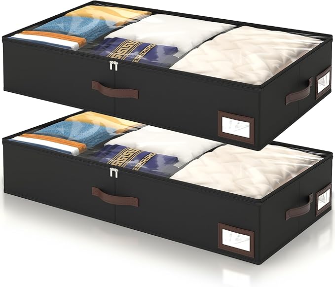 OIAHOMY 2 Pack Under Bed Storage, 6 Inch High Under Bed Storage Containers with Adjustable Dividers, Dual Zippers, &Clear Lid, 53L Under Bed Drawers For Clothes, Blankets, Clothing, & Shoes, Black