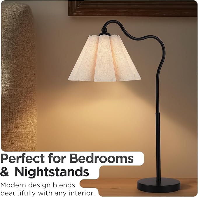 Table Lamp with Beige Pleated Linen Shade, Curved Black Metal Base, E26 Socket – 23" Tall Modern Bedside Desk Lamp for Bedroom, Living Room, Office – Bulb Not Included